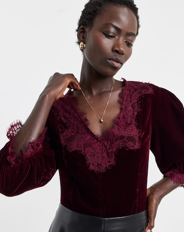 Burgundy Lace Trim Velvet Puff Sleeve Top