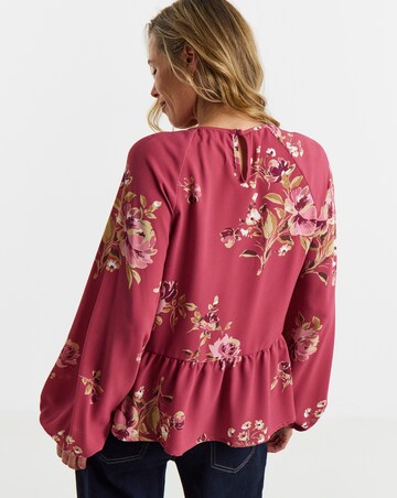 Floral Print Pintuck Long Sleeve Peplum Blouse