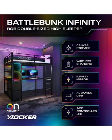 X Rocker Battlebunk XL Infinity RGB Double High Sleeper Bunk Bed - Black