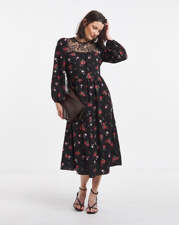 Floral Border Print Lace Yoke Midi Dress