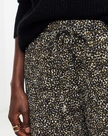 Khaki Print Textured Jersey Tie Waist Wide Leg Trouser