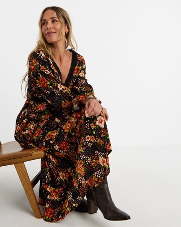 Printed Lace Trim Seam Detail Midi Dress