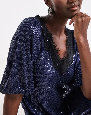 Navy Sequin Lace Trim Dress