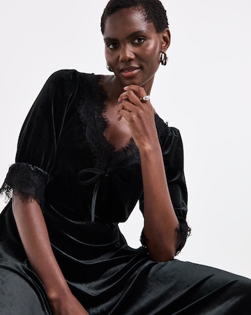 Black Velour Lace Trim Dress