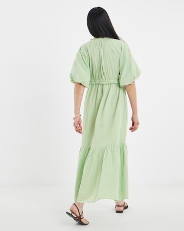Pure Cotton Textured Bubble Sleeve Maxi Dress