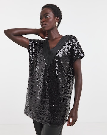 Black Longline V-Neck Sequin Top