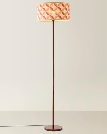 ValueLights Heather Dark Wood Wooden Stem Floor Lamp with Geo Print Bamboo Shade