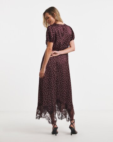Burgundy Spot Hanky Hem Lace Trim Dress