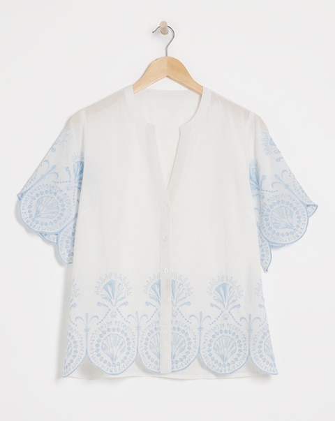 Julipa Pure Cotton Shell Embroidered Button Down Blouse