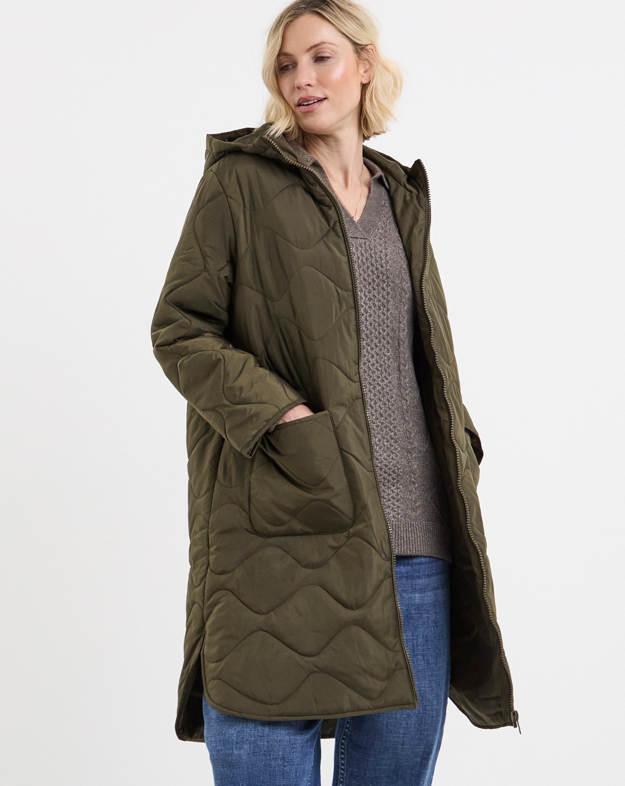 Model wearing a khaki-coloured quilted coat.