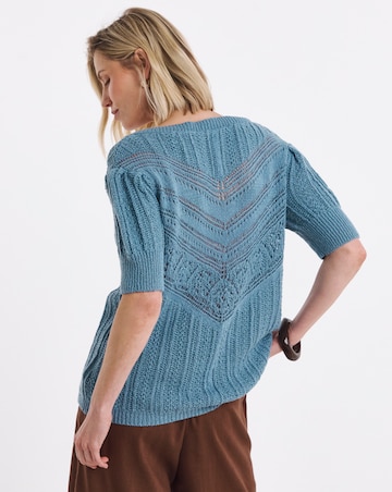 Blue Crochet V Neck Short Sleeve Jumper