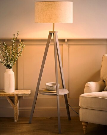 ValueLights Morrigan Grey Wood Tripod Floor Lamp with Shelf