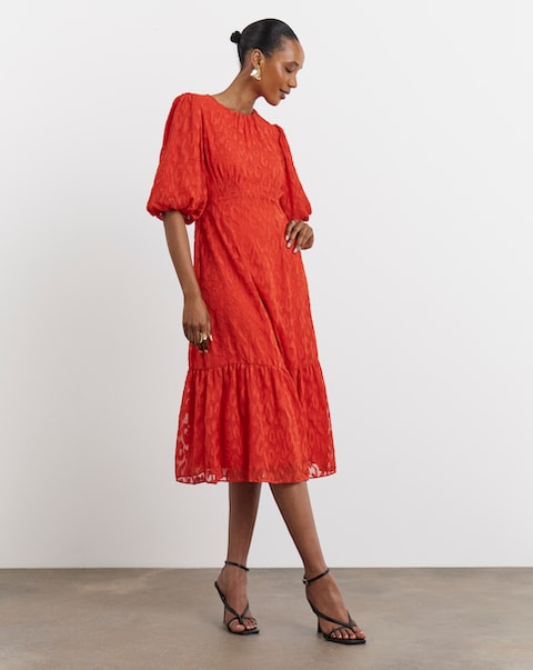 Joanna Hope Coral Burnout Bubble Sleeve Dress