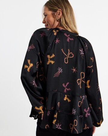 Black Bow Print Satin Peplum Blouse
