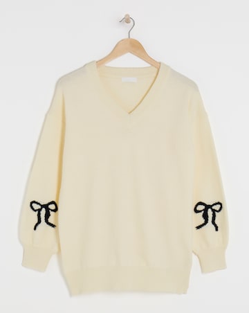Simply Be Cream Bow Sleeve V Neck Longline Jumper