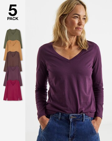 Tan, Chocolate, Berry, Plum, Green 5 Pack V-Neck Long Sleeve T-Shirts