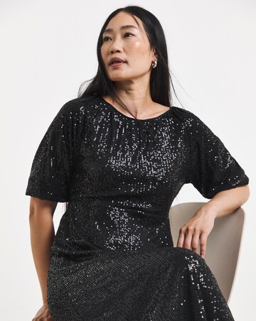 Linear Sequin Puff Sleeve Midi Dress