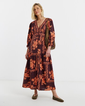 Floral Print Waist Detail Three Quarter Sleeve Maxi Dress