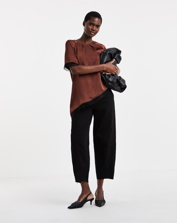 Rust Satin Lace Trim Asymmetric Top