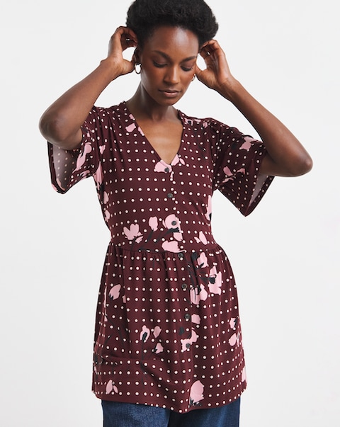 Floral Spot Print Angel Sleeve V Neck Button Through Longline Top