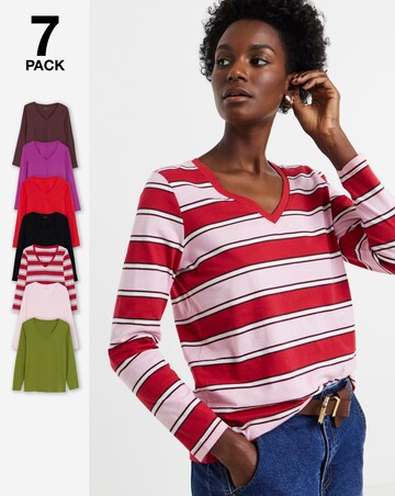 Red, Brown, Purple, Stripe, Black, Khaki. Pink 7 Pack V-Neck Long Sleeve T-Shirt