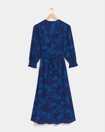 Blue Print Tie Front Shirred Detail Midi Dress