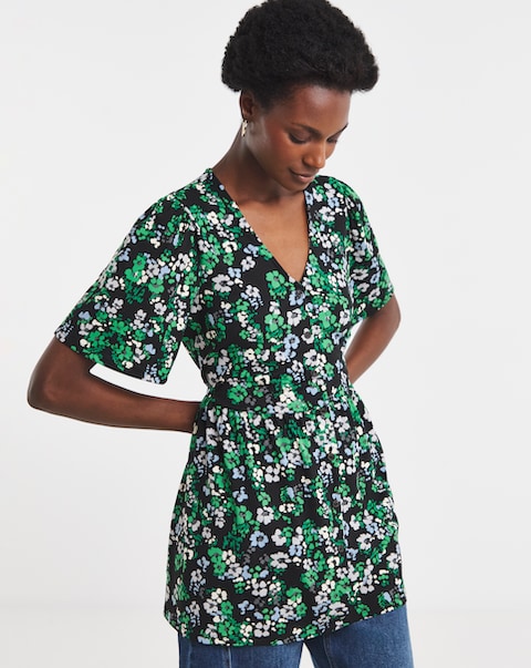 Floral Print Angel Sleeve V Neck Button Through Longline Top