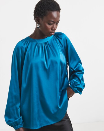Blue Satin High Neck Exaggerated Sleeve Blouse