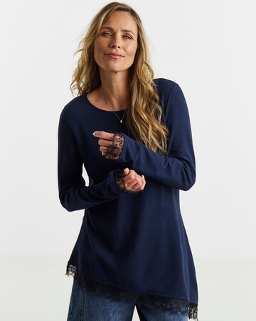 Navy Soft Touch Crew Neck Lace Aysmmetric Longline Top