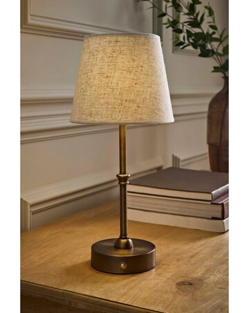 ValueLights Lowe Brushed Brass Rechargeable Table Lamp with Linen Taper Shade