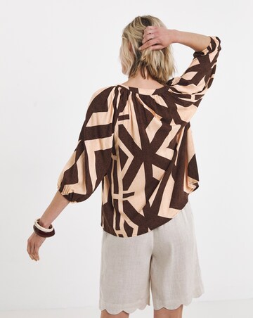 Aztec Print Collarless Button Through Blouse