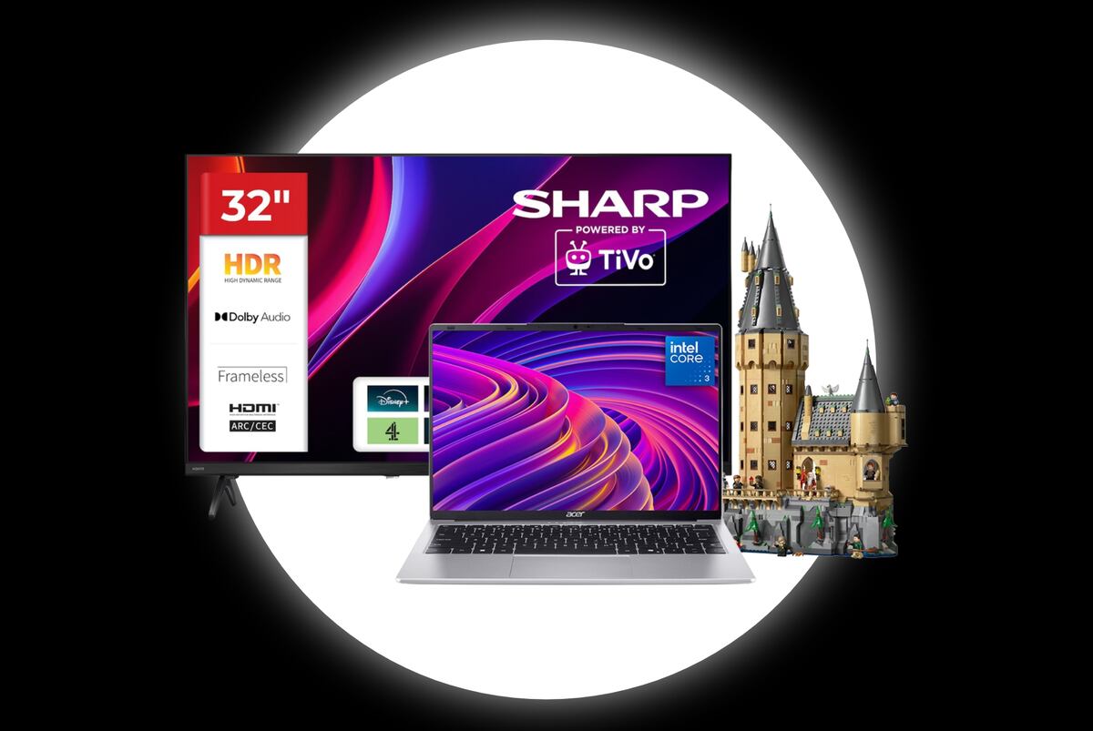 Promotional graphic for Spotlight Deals  featuring a 32-inch Sharp TV, an Acer laptop, and a Lego Hogwarts Castle set against a white circular background.