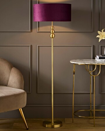 ValueLights Marissa Brushed Gold Floor Lamp Plum Velvet Squat Drum Shade