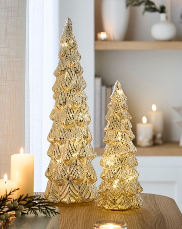 Mercury Glass Antique Gold Set of 2 Light Up Christmas Trees