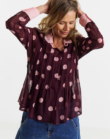 Burgundy Spot Contrast Collar Georgette Pintuck Shirt