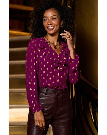 Sosandar Ruffle Front Chiffon Foil Blouse