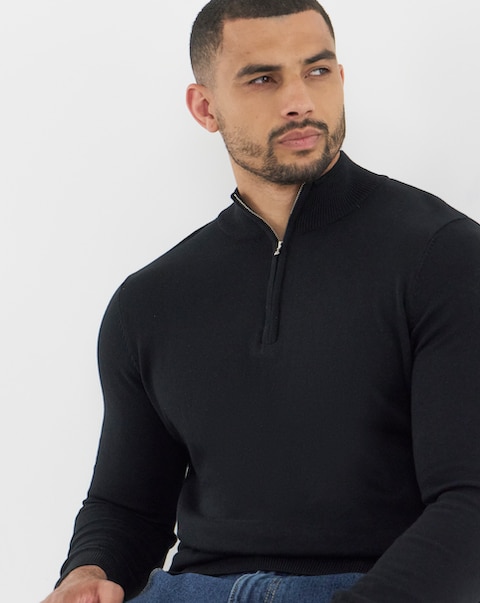 Black Cotton 1/4 Zip Funnel Knit Top