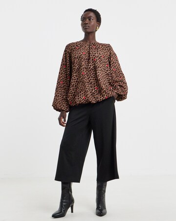 Brown Check Collarless Short Sleeve Blouse