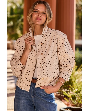Sosandar Funnel Neck Polka Dot Denim Jacket With Gold Trims