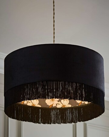 ValueLights Kimberly Black Velvet Printed Inner Drum Shade with Fringe Trim