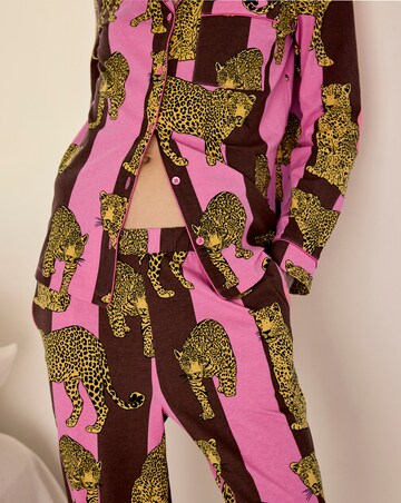 Chelsea Peers Classic Cotton Long Sleeve Button Up Stripe Leopard Pyjama Set