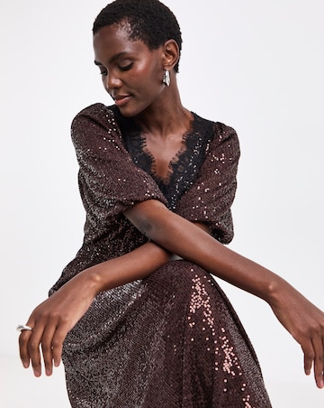 Chocolate Sequin Lace Trim Dress