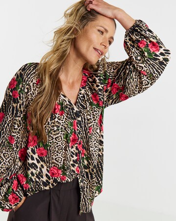 Animal Print Collarless Button Through Blouse