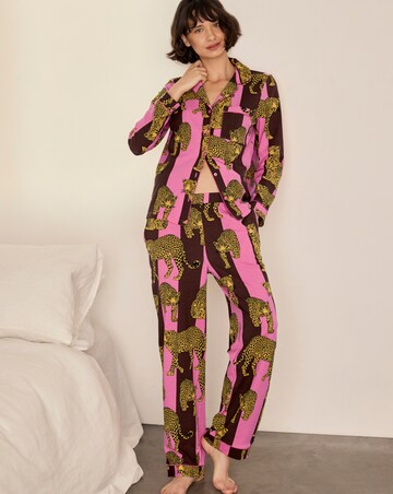 Chelsea Peers Classic Cotton Long Sleeve Button Up Stripe Leopard Pyjama Set
