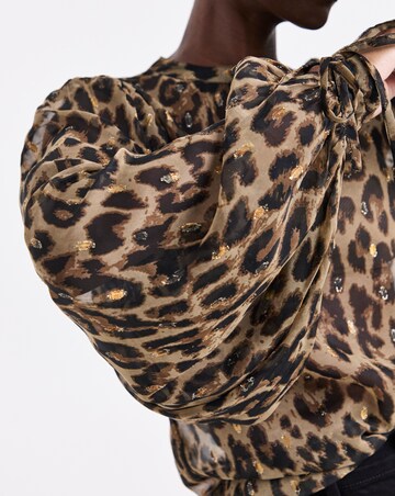 Leopard Foil Print High Neck Exaggerated Sleeve Blouse