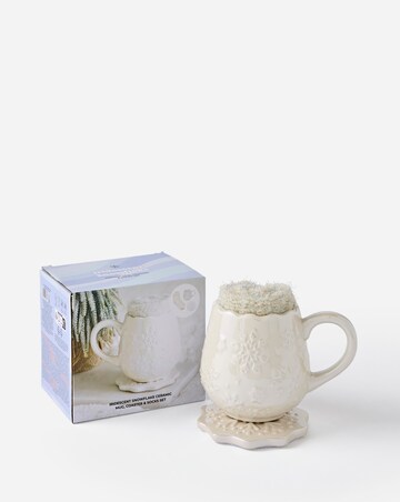 Iridescent White Snowflake Ceramic Mug, Coaster and Socks Set