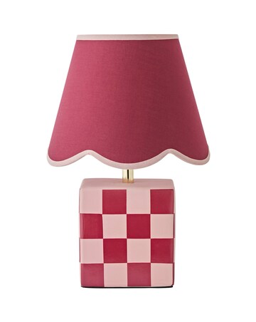 ValueLights Evie Burgundy Checkerboard Table Lamp Pink Scallop Shade