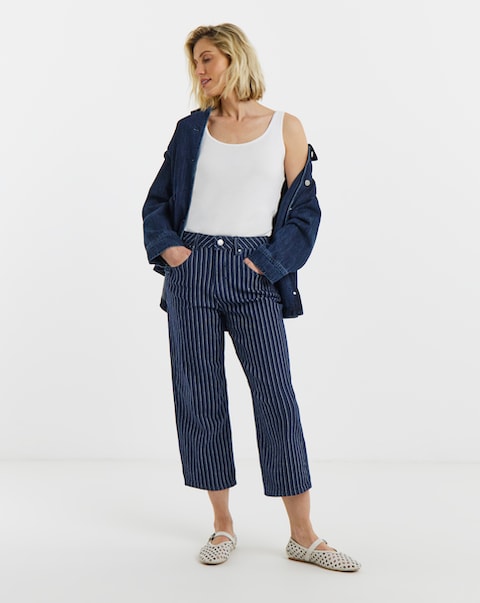 Indigo Stripe Straight Crop Jeans