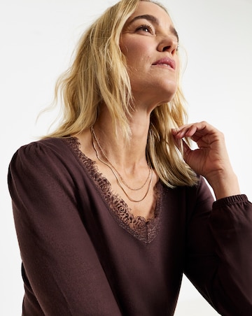 Chocolate Lace Trim V-Neck Cosy Longline Top
