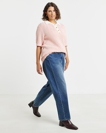 Pink Frill Hem Crochet Polo Top